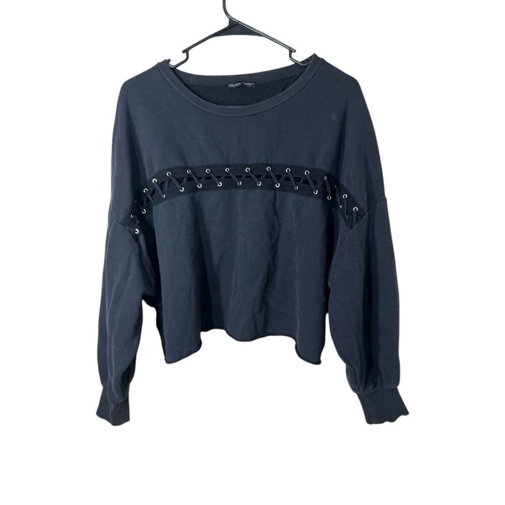 Zara Lace Up Gray/black Crewneck Sweatshirt Size Medium